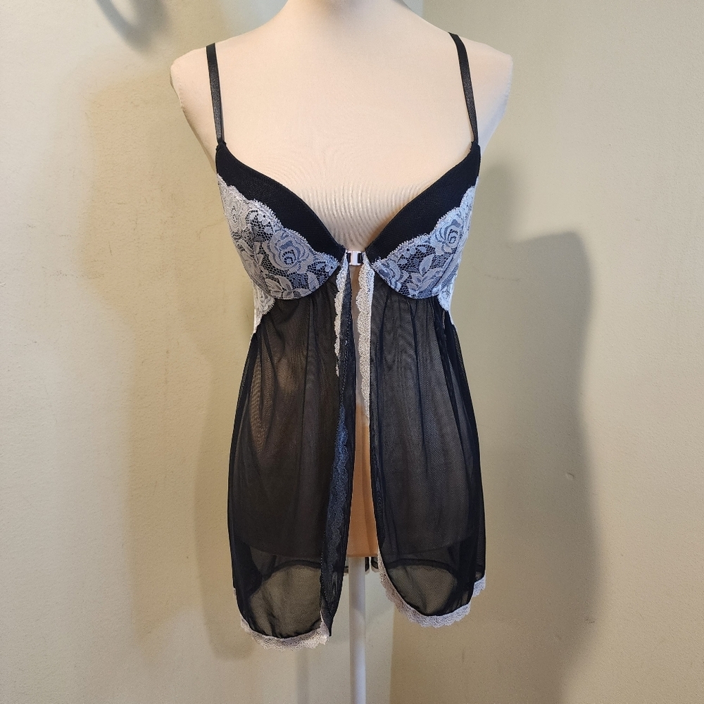 Jessica Simpson Black & White Lace Sheer Babydoll Chemise - Women Intimates Sz M